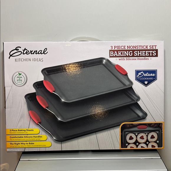 Eternal Kitchen Ideas Other - Eternal 3-Piece Nonstick Baking Sheets with Red Silicone Handles